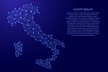 Map of Italy from polygonal blue lines and glowing stars vector illustration