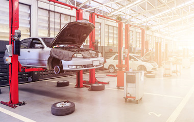 car repair station with soft-focus in the background and over sunlight
