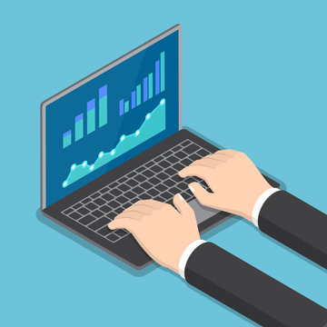 Isometric businessman hands using laptop with financial report graph