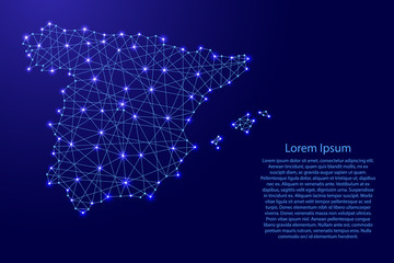 Map of Spain from polygonal blue lines and glowing stars vector illustration