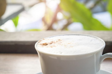 Hot Coffee in the white cup with morning sunlight