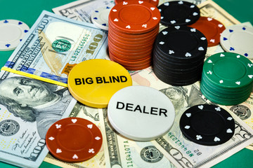 American money dollars and poker chips on casino table.