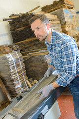 Workman putting wood onto conveyor