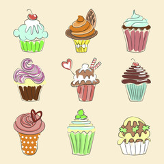 Collection of Hand drawn cupcakes, sketch style. Isolated on white background. Pastel colors. Vector illustration eps 10