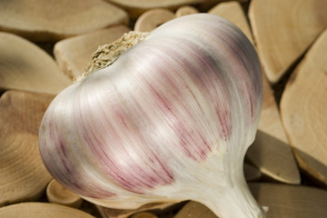 A bulb of garlic on a  a juniper stand. Closeup 1
