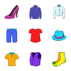 Clothing icons set, cartoon style