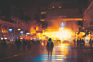man standing on street looking at futuristic city at night, sci-fi concept, illustration painting © grandfailure