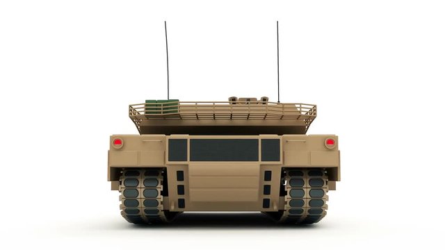 Seamless Looping Animation of Heavy Military Tank isolated on white background. Alpha Matte and Green Screen