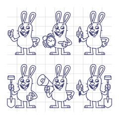 Sketch Rabbit Holds Carrot Clock Shovel Megaphone Set Characters
