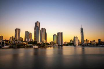 Fototapeta na wymiar Sunset skyline of Gold Coast downtown in Queensland, Australia
