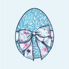 Template for greeting card or invitation. Easter motif with egg and bow. Floral ornament