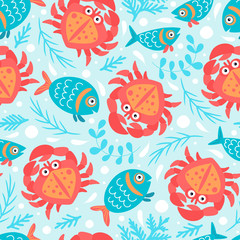 Seamless pattern with fish, fish and seaweed.  Cartoon style