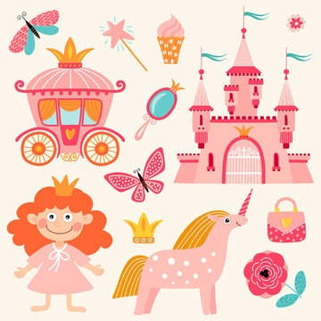 Set of illustrations with accessories for a little princess or fairy