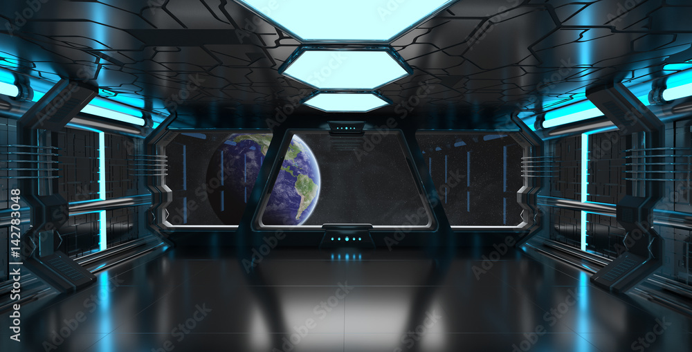 Poster spaceship interior with view on the planet earth 3d rendering elements of this image furnished by na