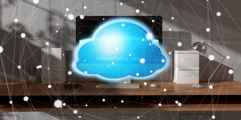 Naklejka na ściany i meble Workplace with modern hologram cloud icon 3D rendering