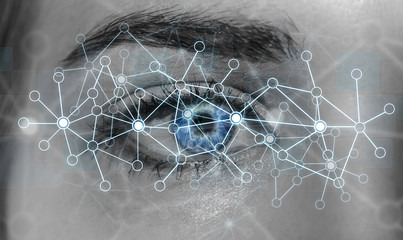 Close-up of woman digital eye network concept 3D rendering