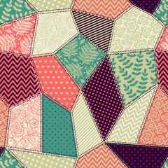 Seamless pattern in vintage style. Patchwork decorative ornament with floral elements