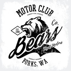 Naklejka premium Vintage American furious bear bikers club tee print vector design. Forks, Washington street wear t-shirt emblem. Premium quality wild animal superior logo concept illustration.