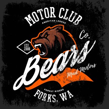 Vintage American furious bear bikers club tee print vector design. 
Forks, Washington street wear t-shirt emblem. Premium quality wild animal superior logo concept illustration.
