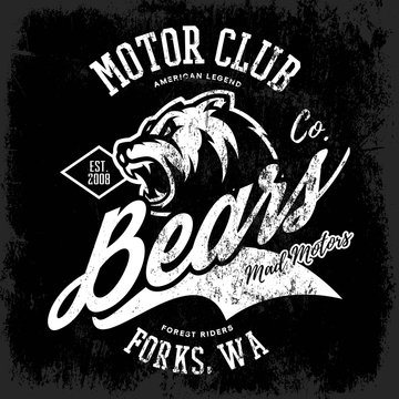 Vintage American furious bear bikers club tee print vector design. 
Forks, Washington street wear t-shirt emblem. Premium quality wild animal superior logo concept illustration.