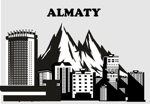 Monochrome vector illustration of Almaty city.
