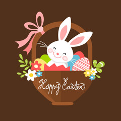 Easter bunny in a basket, Easter greeting card, vector illustration