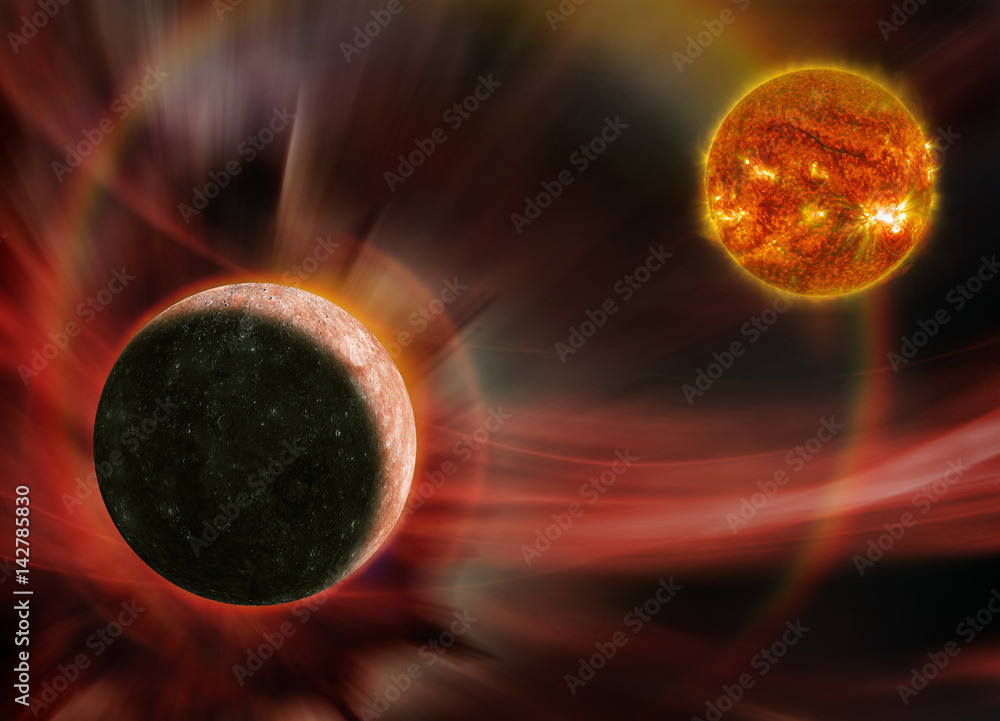 Poster fantasy image of mercury is orbiting close to an old erupting sun. elements of this image furnished 
