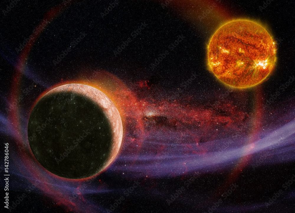 Wall mural mercury is orbiting close to an old erupting sun. in the background appears the milky way. elements 