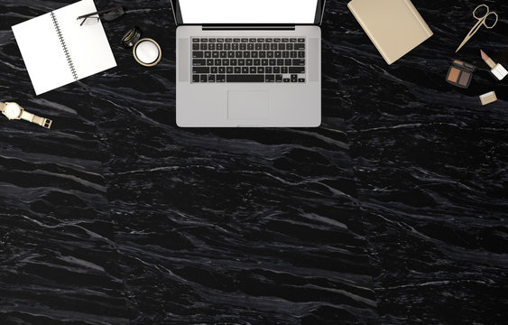 Top View Of Working Space On Black Marble