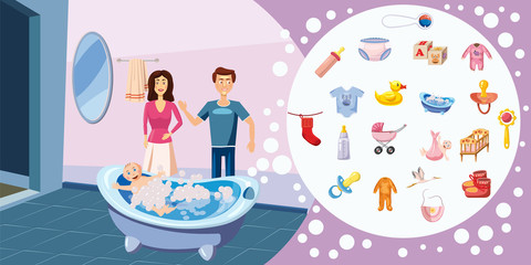 Family horizontal banner wash, cartoon style