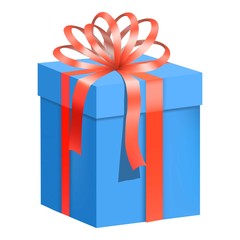 Blue gift box with red ribbon icon, flat style