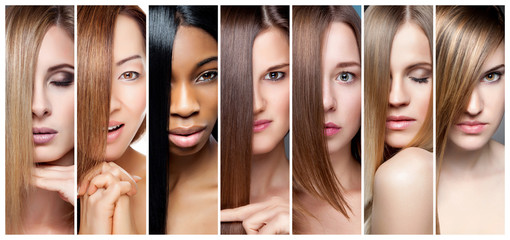 Collage of women with various hair color, skin tone and complexion - obrazy, fototapety, plakaty