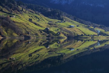 Rural landscape reflecting in lake Wagital, Switzerland.