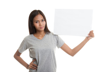 Young Asian woman with  white blank sign.
