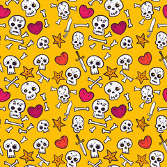pattern with skulls and hearts, bones and daggers, colorful seamless background