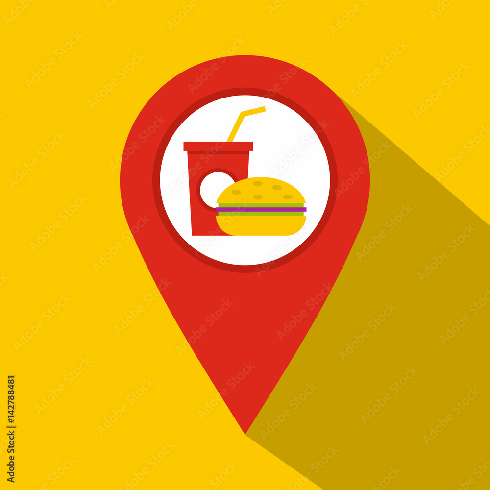 Poster red map pointer with fast food sign icon