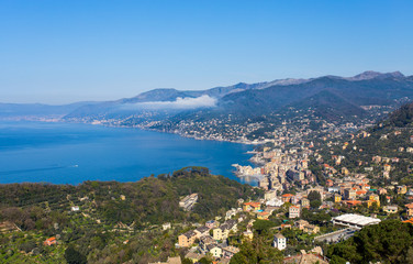 Fototapeta na wymiar Aerial view of city of Camogli , Genoa Province, Liguria, Mediterranean coast, Italy