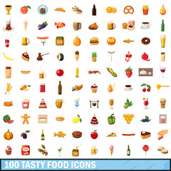 100 tasty food icons set, cartoon style