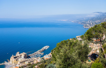 Fototapeta na wymiar Aerial view of city of Camogli , Genoa Province, Liguria, Mediterranean coast, Italy