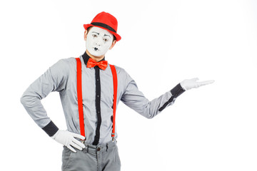 Portrait of a man, artist,clown, MIME. Shows something, isolated on white background