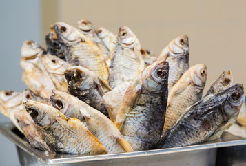 Dried fish on the counter market.