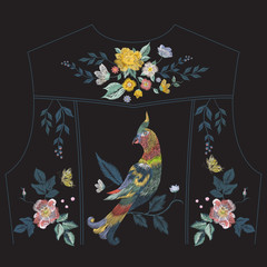 Embroidery colorful trend ethnic floral pattern with parrot for jeans jacket back. Vector fashion exotic ornament with flowers on black background for clothing design.