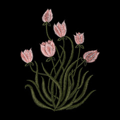 Embroidery trend floral pattern with tulips in simplistic style. Vector fashion bouquet of flowers sign on black background for clothing design.