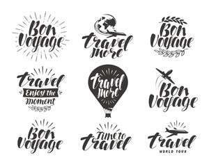 Fototapeta premium Travel, label set. Journey symbol or icon. Beautiful handwritten lettering vector illustration