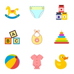 Naklejka premium Things for baby icons set, flat style