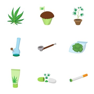 Marijuana icons set, cartoon style