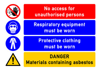 smms2 SafetyMultiMessageSign smms - english - No access for unauthorised persons - Respiratory equipment and protective clothing must be worn - Danger - Materials containing asbestos - poster - g5164