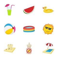 Sandy beach icons set, cartoon style