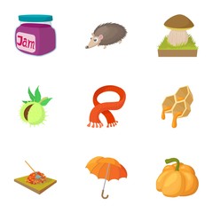 Autumn coming icons set, cartoon style