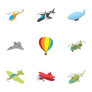 Flying vehicles icons set, cartoon style